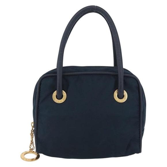 CELINE Circle Hand Bag Nylon Navy Gold Auth BSZ650
