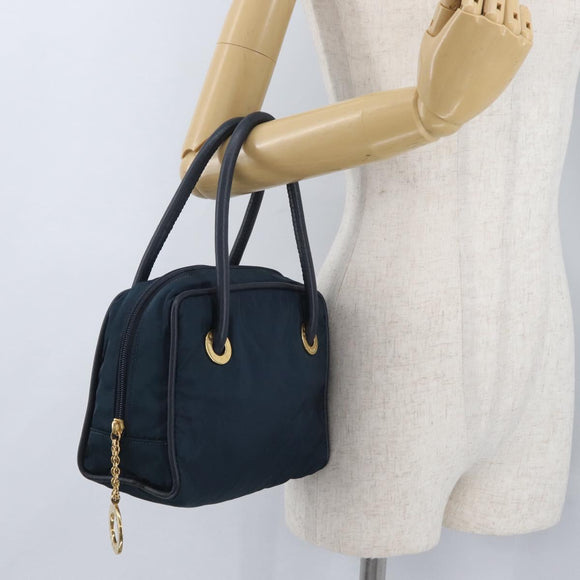 CELINE Circle Hand Bag Nylon Navy Gold Auth BSZ650