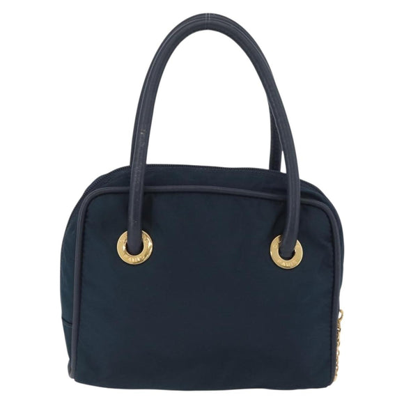 CELINE Circle Hand Bag Nylon Navy Gold Auth BSZ650