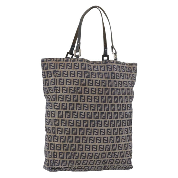 FENDI Zucchino Canvas Hand Bag Navy Silver Auth BSZ657