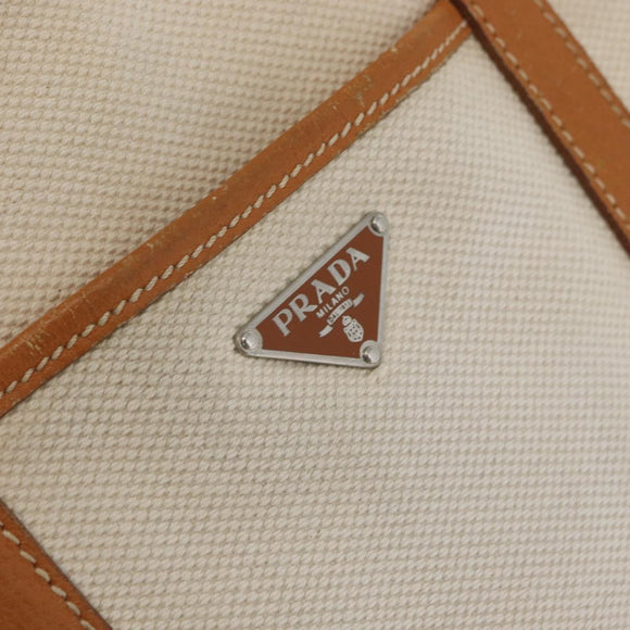 PRADA Tote Bag Canvas Leather Beige Silver Auth BSZ661