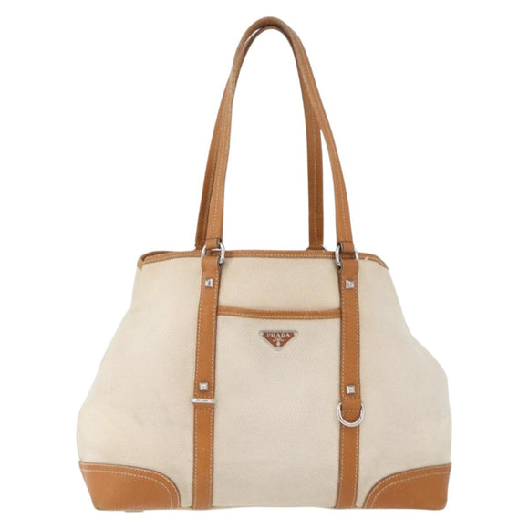 PRADA Tote Bag Canvas Leather Beige Silver Auth BSZ661