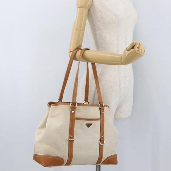 PRADA Tote Bag Canvas Leather Beige Silver Auth BSZ661