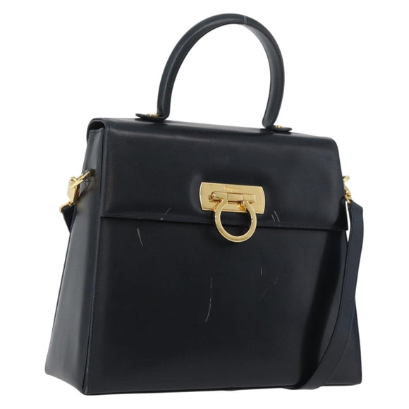 Salvatore Ferragamo Gancini Hand Bag Leather 2way Navy Gold Auth LNZ105
