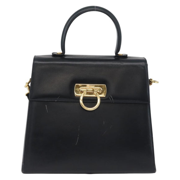 Salvatore Ferragamo Gancini Hand Bag Leather 2way Navy Gold Auth LNZ105