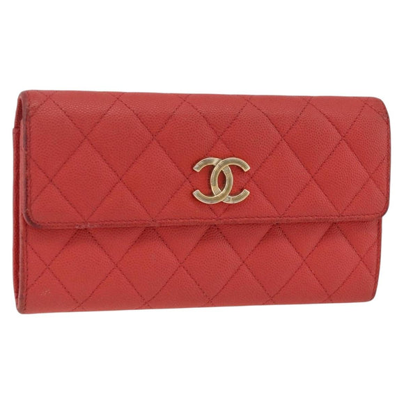 CHANEL Matelasse Long Wallet Caviar Skin Pink Gold CC Auth BSZ676A
