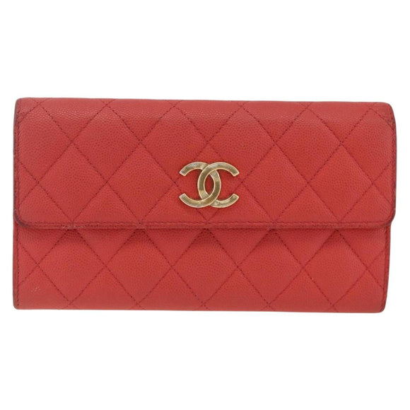 CHANEL Matelasse Long Wallet Caviar Skin Pink Gold CC Auth BSZ676A