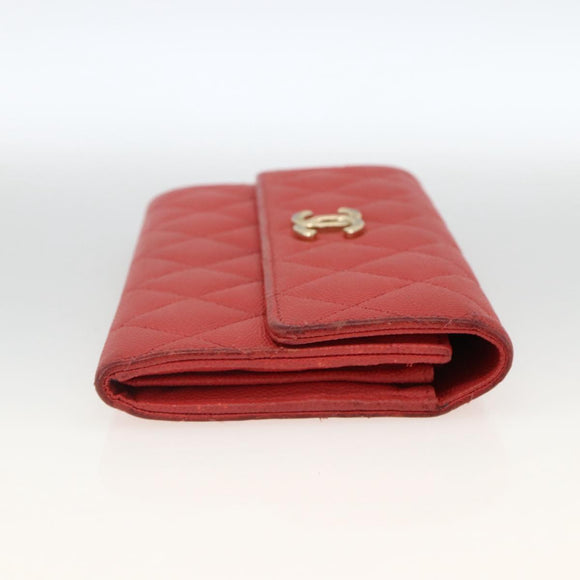 CHANEL Matelasse Long Wallet Caviar Skin Pink Gold CC Auth BSZ676A