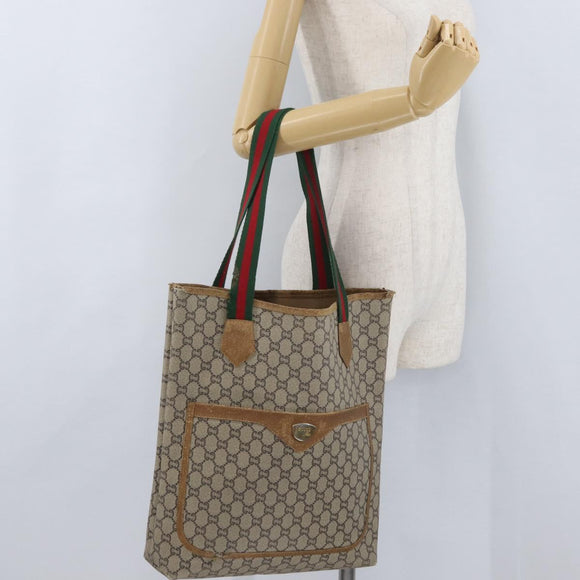 GUCCI GG Plus Supreme Web Sherry Line Tote Bag PVC Beige Red Green Auth BSZ695