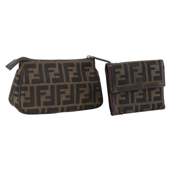 FENDI Zucca Canvas Wallet 2 Set Black Brown Auth BSZ697