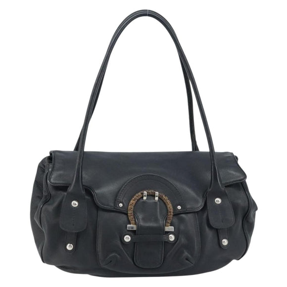 Salvatore Ferragamo Gancini Hand Bag Leather Black Silver Auth LNZ140
