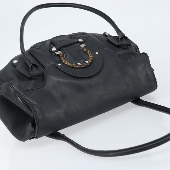 Salvatore Ferragamo Gancini Hand Bag Leather Black Silver Auth LNZ140