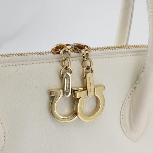 Salvatore Ferragamo Gancini Hand Bag Leather 2way White Gold Auth LNZ206