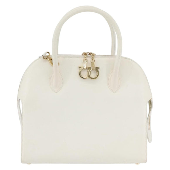 Salvatore Ferragamo Gancini Hand Bag Leather 2way White Gold Auth LNZ206