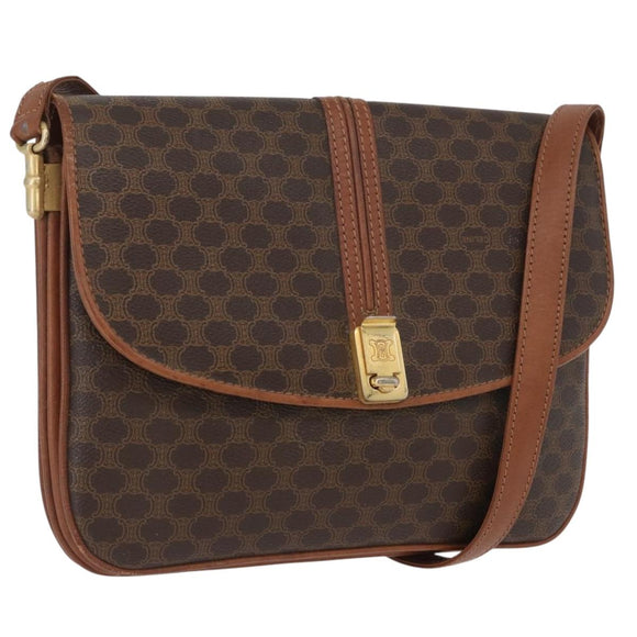 CELINE Macadam Canvas Umhängetasche PVC Leder Braun Gold Auth LNZ224