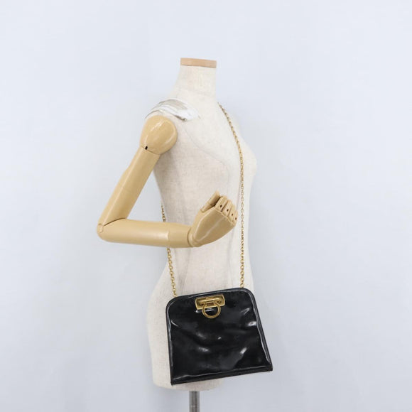 Salvatore Ferragamo Gancini Chain Bag Patent leather Black Gold Auth LNZ268