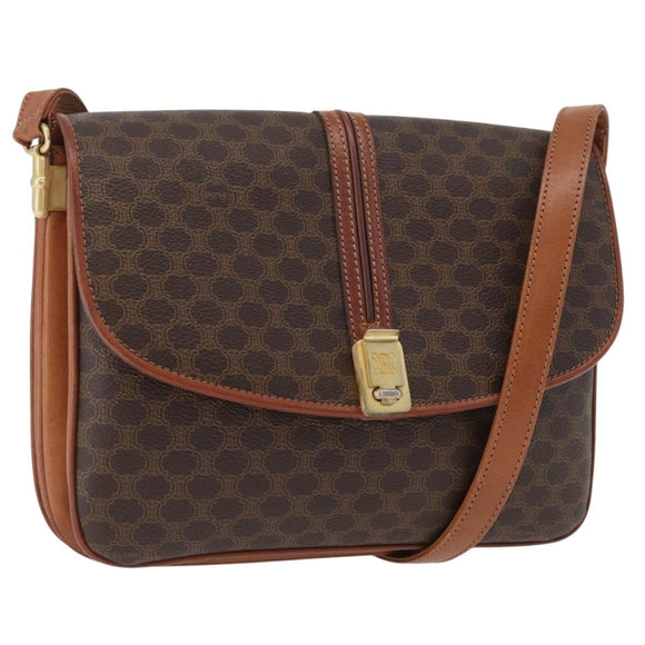 CELINE Macadam Canvas Shoulder Bag PVC Leather Brown Gold Auth LNZ270