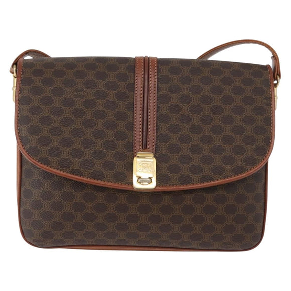 CELINE Macadam Canvas Shoulder Bag PVC Leather Brown Gold Auth LNZ270