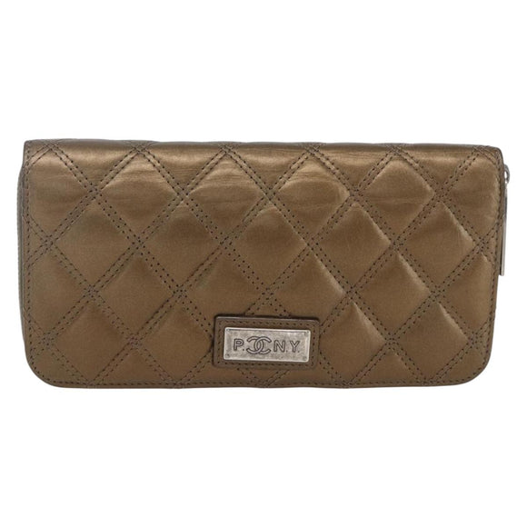 CHANEL Bicolore Lange Portemonnee Leer Goud CC Auth LNZ276V