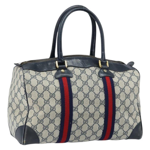 GUCCI GG Supreme Sherry Line Boston Bag PVC Navy Gold Auth LNZ314