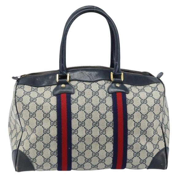GUCCI GG Supreme Sherry Line Boston Bag PVC Navy Gold Auth LNZ314
