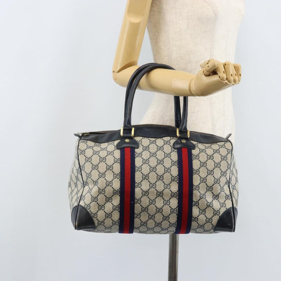 GUCCI GG Supreme Sherry Line Boston Bag PVC Navy Gold Auth LNZ314