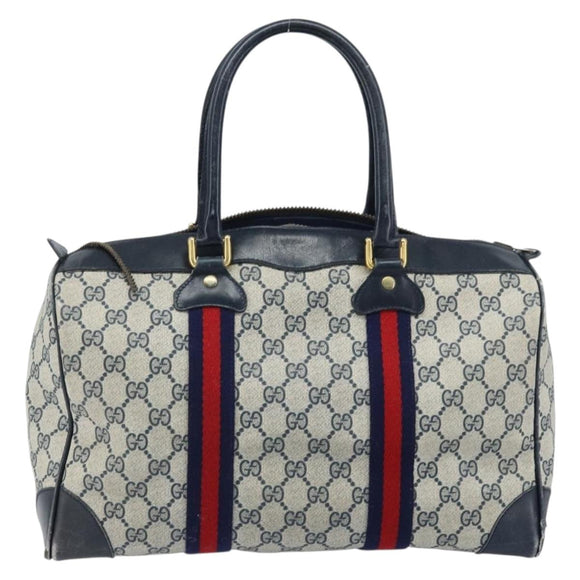 GUCCI GG Supreme Sherry Line Boston Bag PVC Navy Gold Auth LNZ314