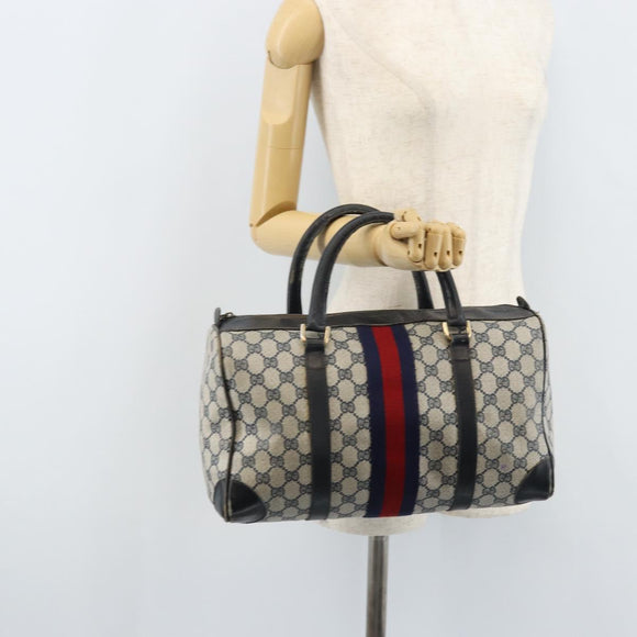 GUCCI GG Supreme Sherry Line Boston Bag PVC Navy Gold Auth LNZ318