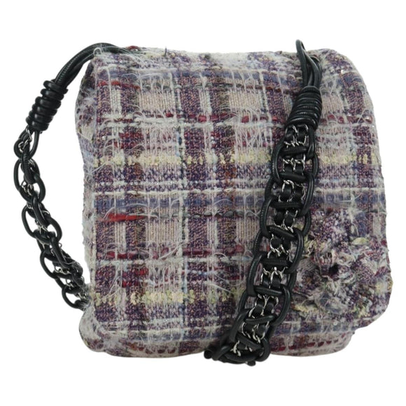CHANEL Chain Camelia Shoulder Bag Tweed Purple Silver CC Auth LNZ320SAv