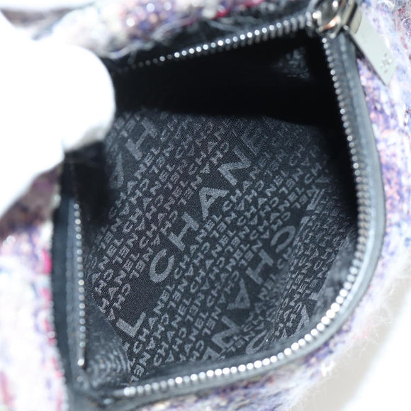 CHANEL Chain Camelia Shoulder Bag Tweed Purple Silver CC Auth LNZ320SAv
