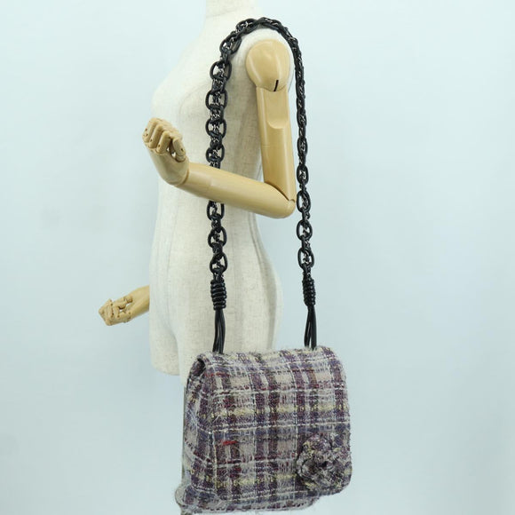 CHANEL Chain Camelia Shoulder Bag Tweed Purple Silver CC Auth LNZ320SAv