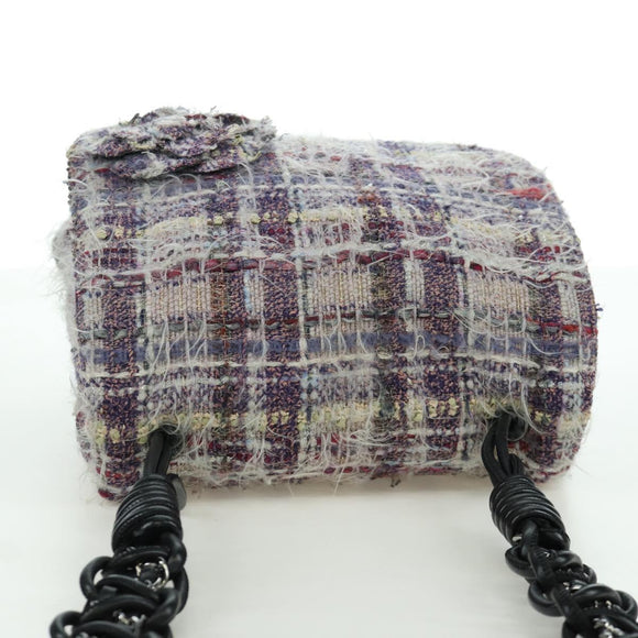 CHANEL Chain Camelia Shoulder Bag Tweed Purple Silver CC Auth LNZ320SAv