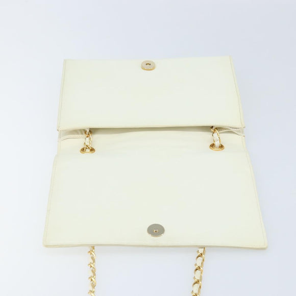 CHANEL Matelasse Chain Shoulder Bag Lamb Skin White Gold CC Auth LNZ336A