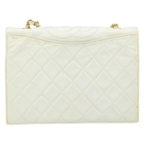 CHANEL Matelasse Chain Shoulder Bag Lamb Skin White Gold CC Auth LNZ336A
