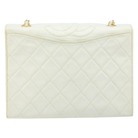 CHANEL Matelasse Chain Shoulder Bag Lamb Skin White Gold CC Auth LNZ336A