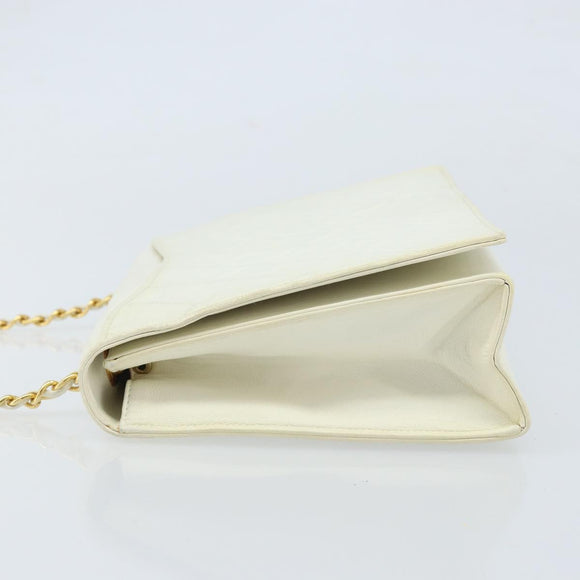 CHANEL Matelasse Chain Shoulder Bag Lamb Skin White Gold CC Auth LNZ336A