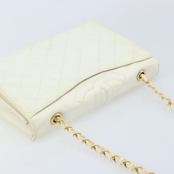 CHANEL Matelasse Chain Shoulder Bag Lamb Skin White Gold CC Auth LNZ336A