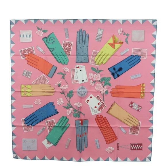 HERMES Carre 90 Scarf ""L'Heure des Gants"" Silk Pink Auth LNZ365SAM
