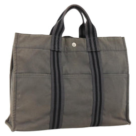 HERMES Fourre Tout MM Hand Bag Canvas Gray Silver Auth LNZ390