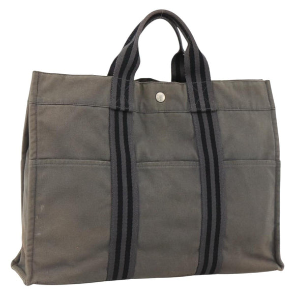 HERMES Fourre Tout MM Hand Bag Canvas Gray Silver Auth LNZ390