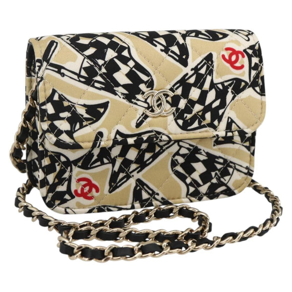 CHANEL Chain Mini Matelasse 12 Shoulder Bag Satin Beige Gold CC Auth LNZ395M
