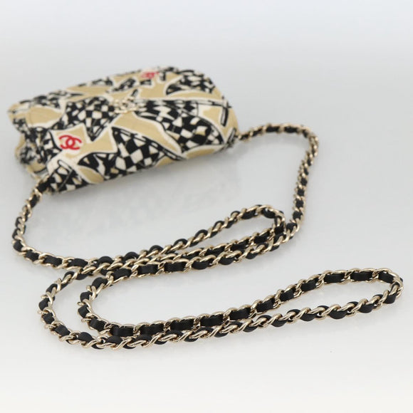 CHANEL Chain Mini Matelasse 12 Shoulder Bag Satin Beige Gold CC Auth LNZ395M