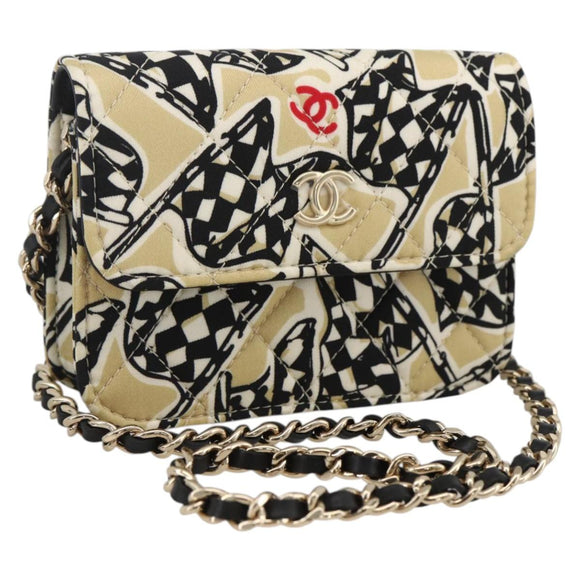 CHANEL Chain Mini Matelasse 12 Shoulder Bag Satin Beige Gold CC Auth LNZ407M