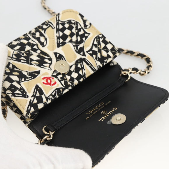 CHANEL Chain Mini Matelasse 12 Shoulder Bag Satin Beige Gold CC Auth LNZ407M