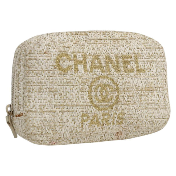 CHANEL Pouch Tweed Ivory Gold CC Auth LNZ410V
