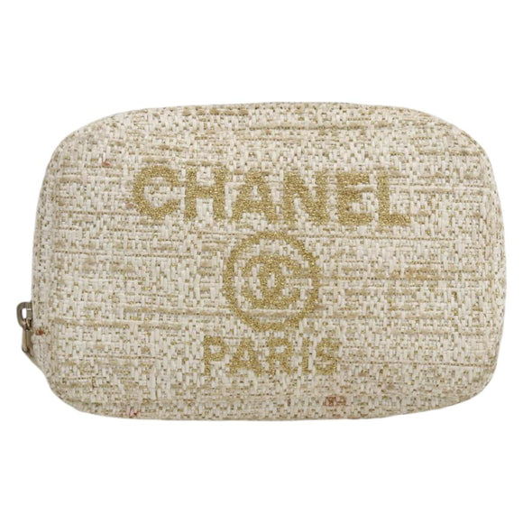 CHANEL Pouch Tweed Ivory Gold CC Auth LNZ410V