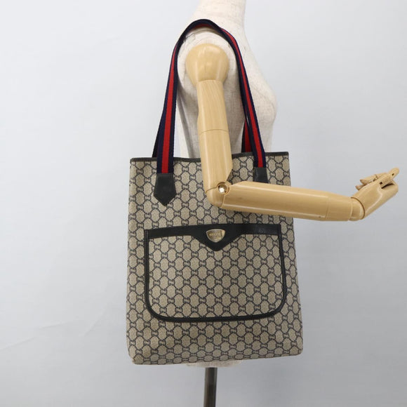 GUCCI GG Plus Supreme Sherry Line Tote Bag PVC Navy Gold Auth LNZ421
