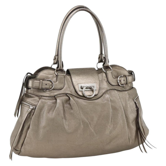 Salvatore Ferragamo Gancini Hand Bag Leather White Silver Auth LNZ426