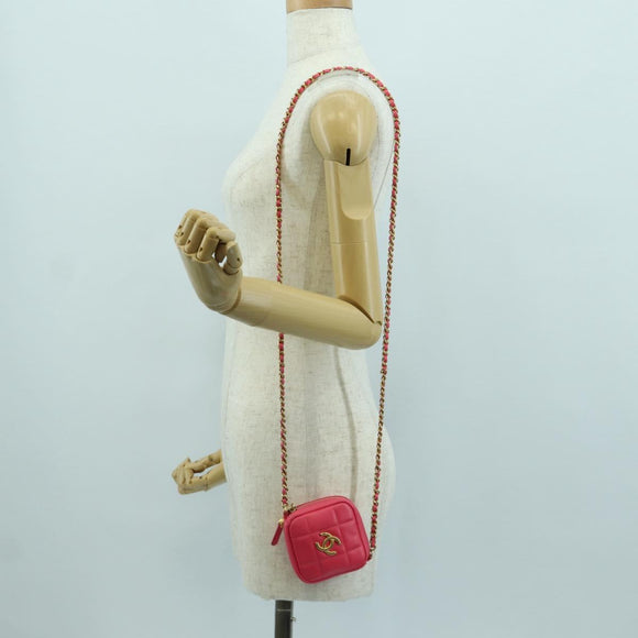 CHANEL Choco Bar Chain Shoulder Pouch Lamb Skin Pink Gold CC Auth LNZ440SAM