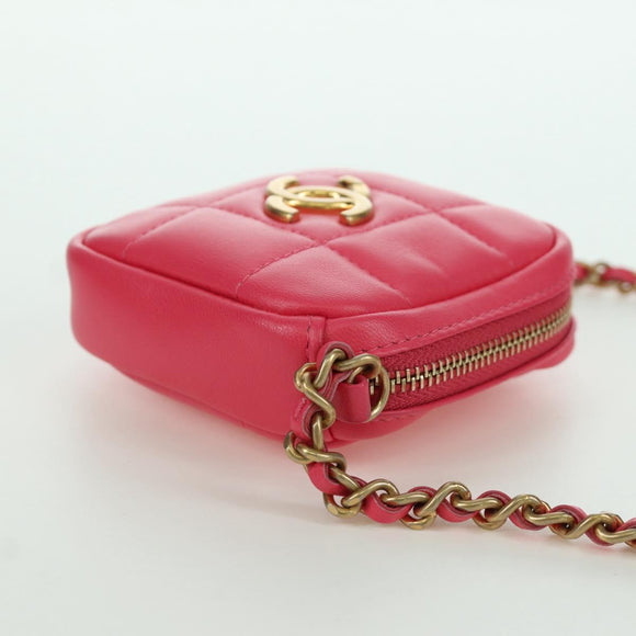 CHANEL Choco Bar Chain Shoulder Pouch Lamb Skin Pink Gold CC Auth LNZ440SAM